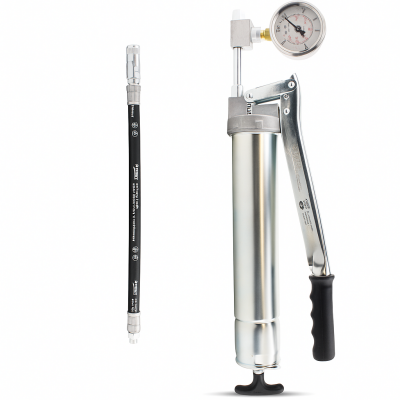 Umeta Manometerfettpresse 75/PKM (400bar) für 500ccm loses Fett / 400g Kartuschen - mit Sicherheitsschlauch und Mundstück