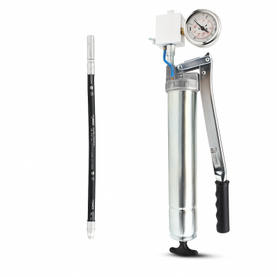 Umeta Manometerfettpresse mit Druckentlastung 75/PKM (400bar) für 500ccm loses Fett / 400g Kartuschen - mit Sicherheitsschlauch und Mundstück