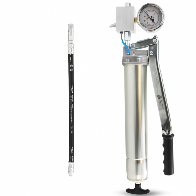 Umeta Manometerfettpresse mit Druckentlastung 75/PKM (1000bar) für 500ccm loses Fett / 400g Kartuschen - mit Sicherheitsschlauch und Mundstück